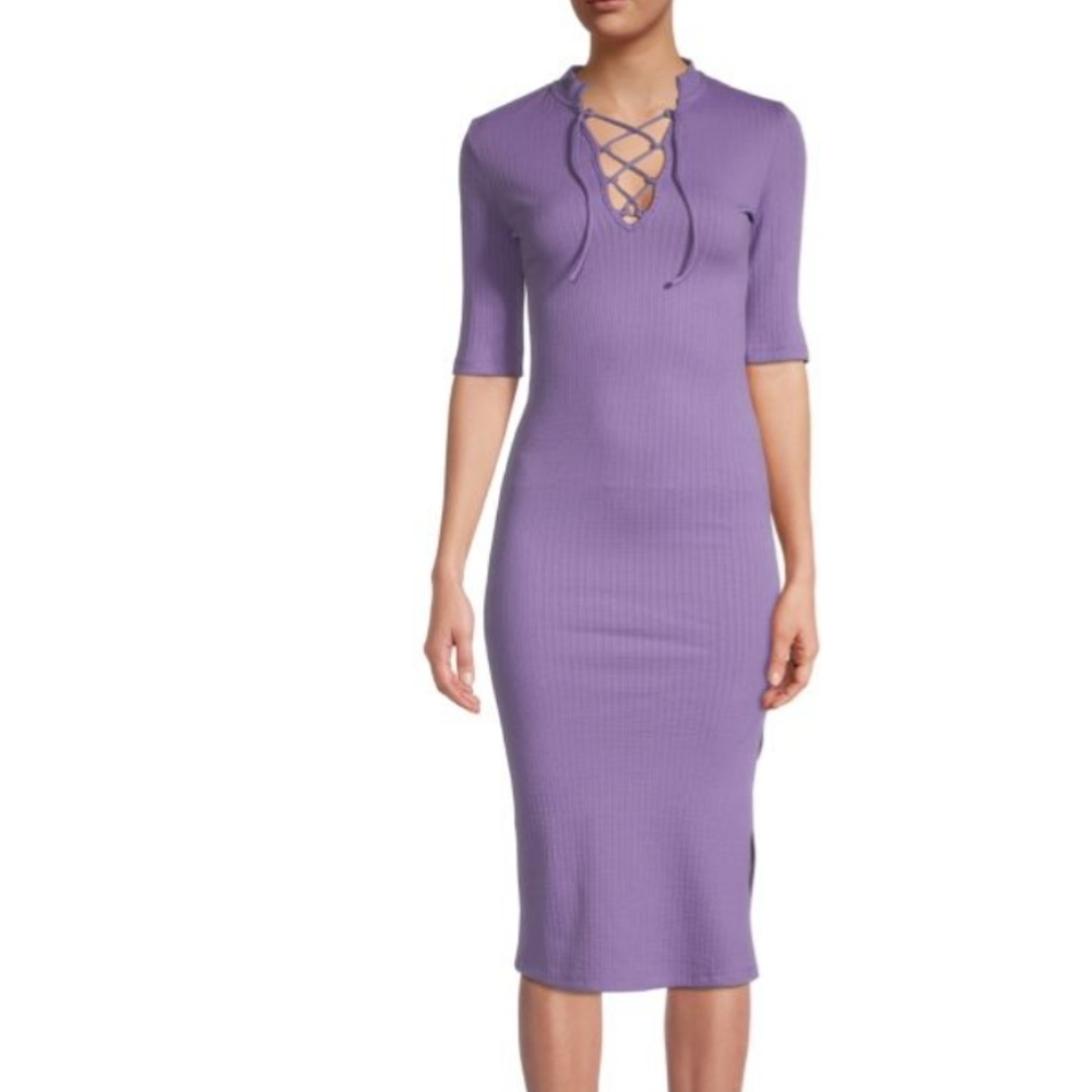 BETSEY JOHNSON Rib-Knit Lace-Up Bodycon Dress in Violet - Picture 1 of 13